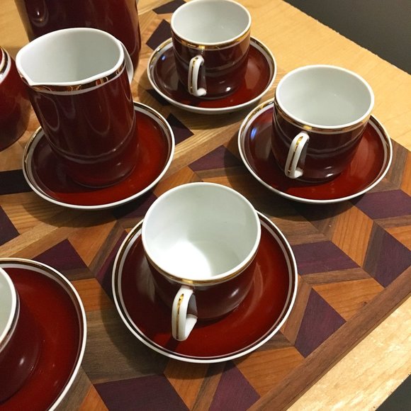 MCM Burgundy + Gold Hungarian Espresso Pot, Creamer, Sugar, Cups and Sau… - Picture 5 of 15